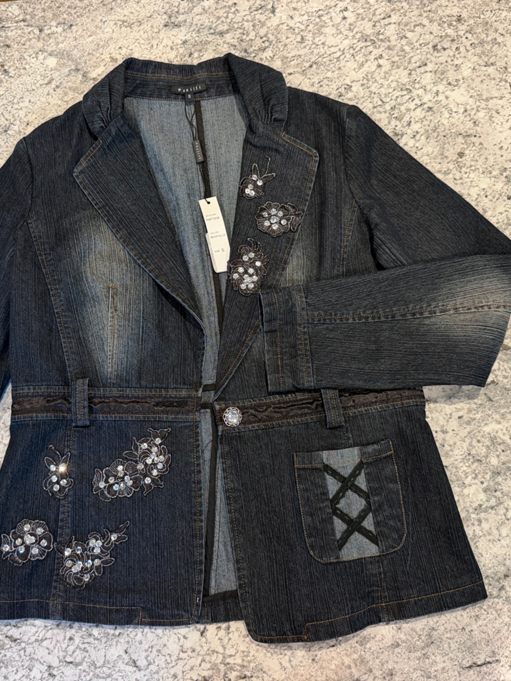 Embellished Dark Blue Denim Blazer with Floral Appliqué